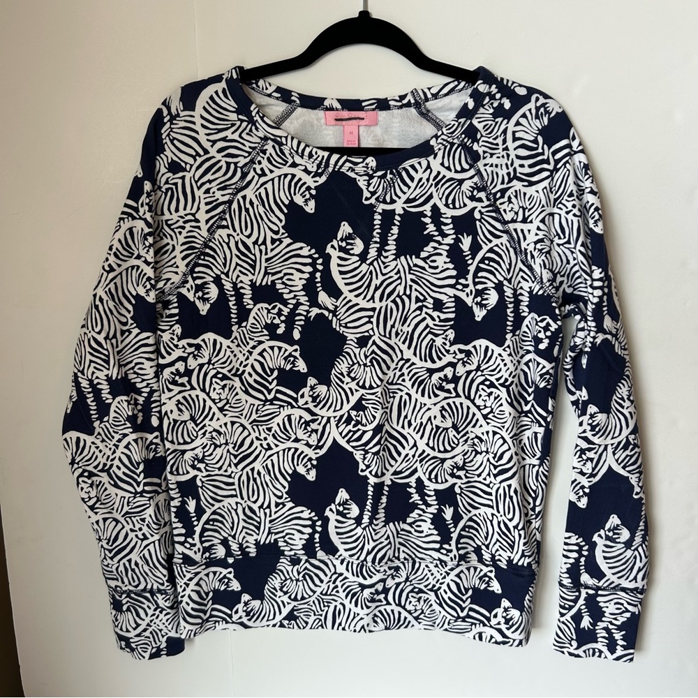 Lilly Pulitzer Kingsley Pull Over Zebra I Herd You Print Knit Top Sweatshirt SzM
